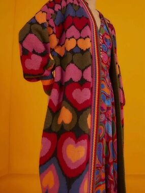 FARM Rio Multicolor Heart-Print Open Cardigan - Pink Red Orange Purple Green